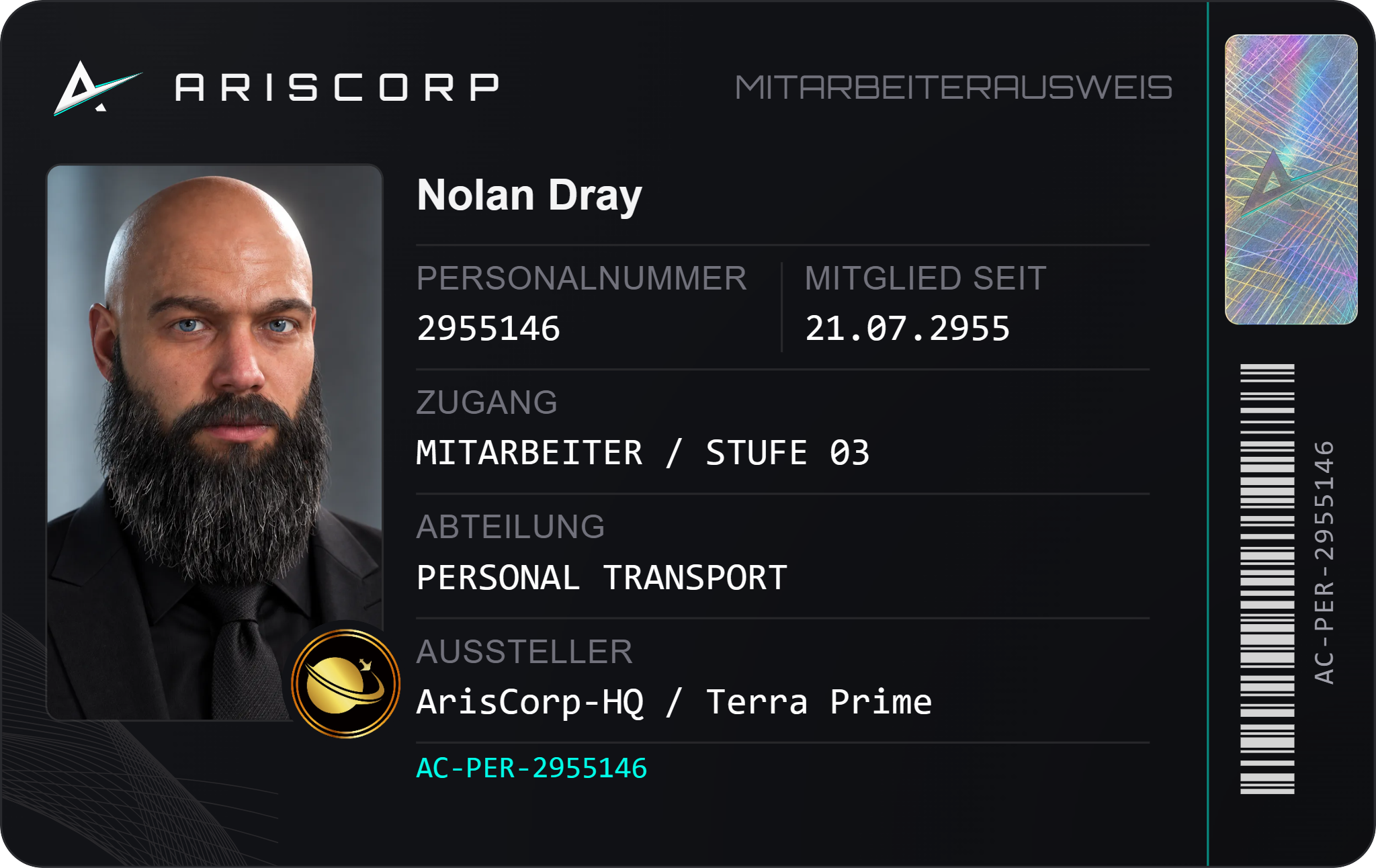ARISCORP Mitarbeiterausweis von Nolan Dray, Vorderseite